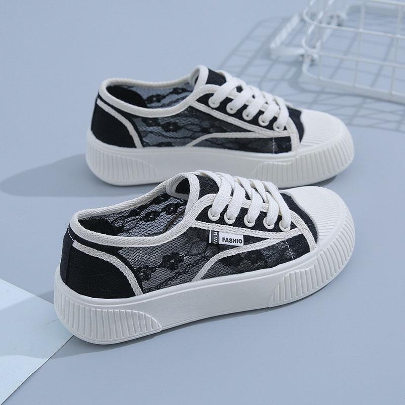 2025 Spring Korean Versatile Internet Celebrity Little White Shoes for Women Instagram Trendy Casual Lace Thick Soled Transparent Mesh Shoes for Women