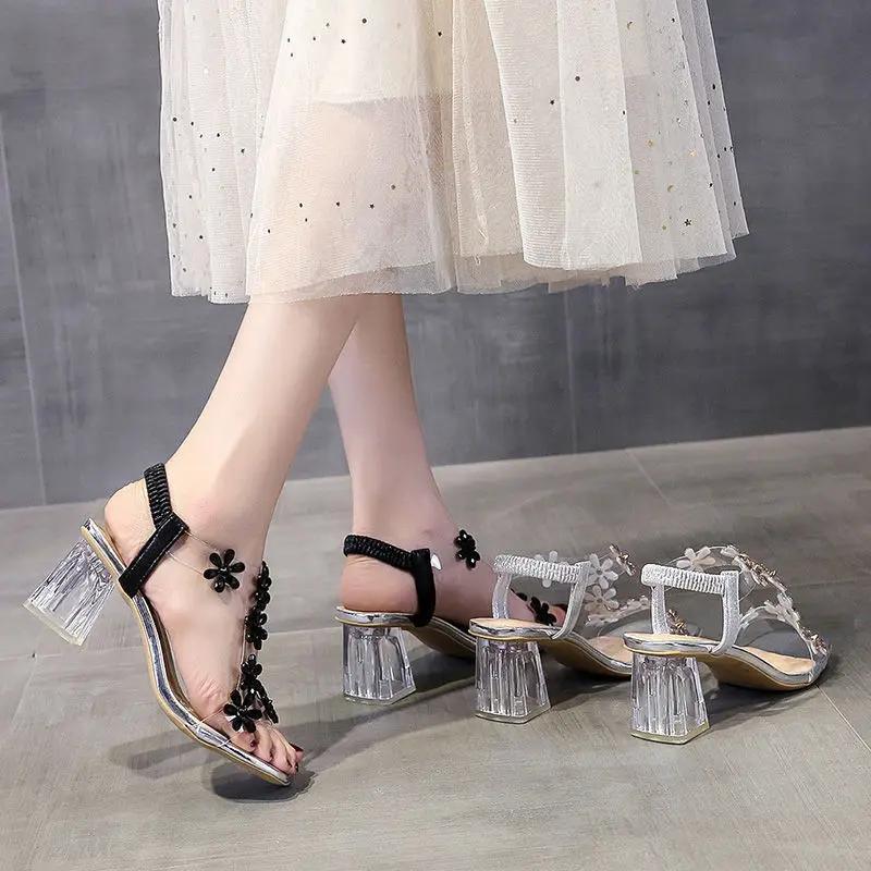 Fashion Open Toe Roman Style Ladies Shoes Summer 2024 Block Heel with Medium Heels Rhinestones Footwear High Sandals for Women Sandal F