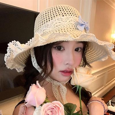 Elegant Big Bowknot Sun Hat Sweet Lace Brim Sunshade Cap Fashion Woman's Straw Hat  Girls