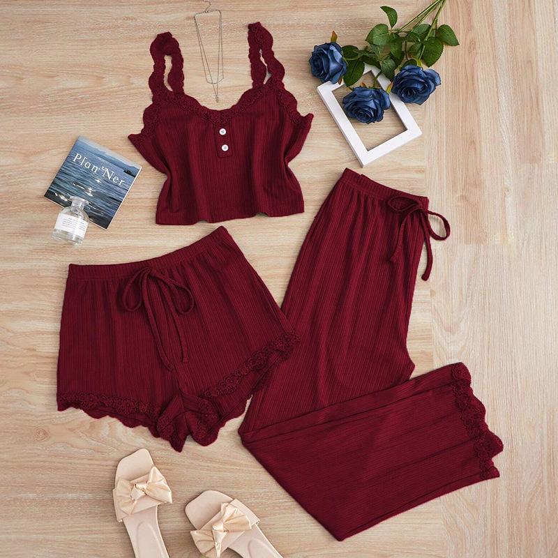 Women's Summer 3PCS Pajama Sets Solid Vest Shorts and Pants Paired with Lace Splicing for Homewear Sexy Sleepwear Sets