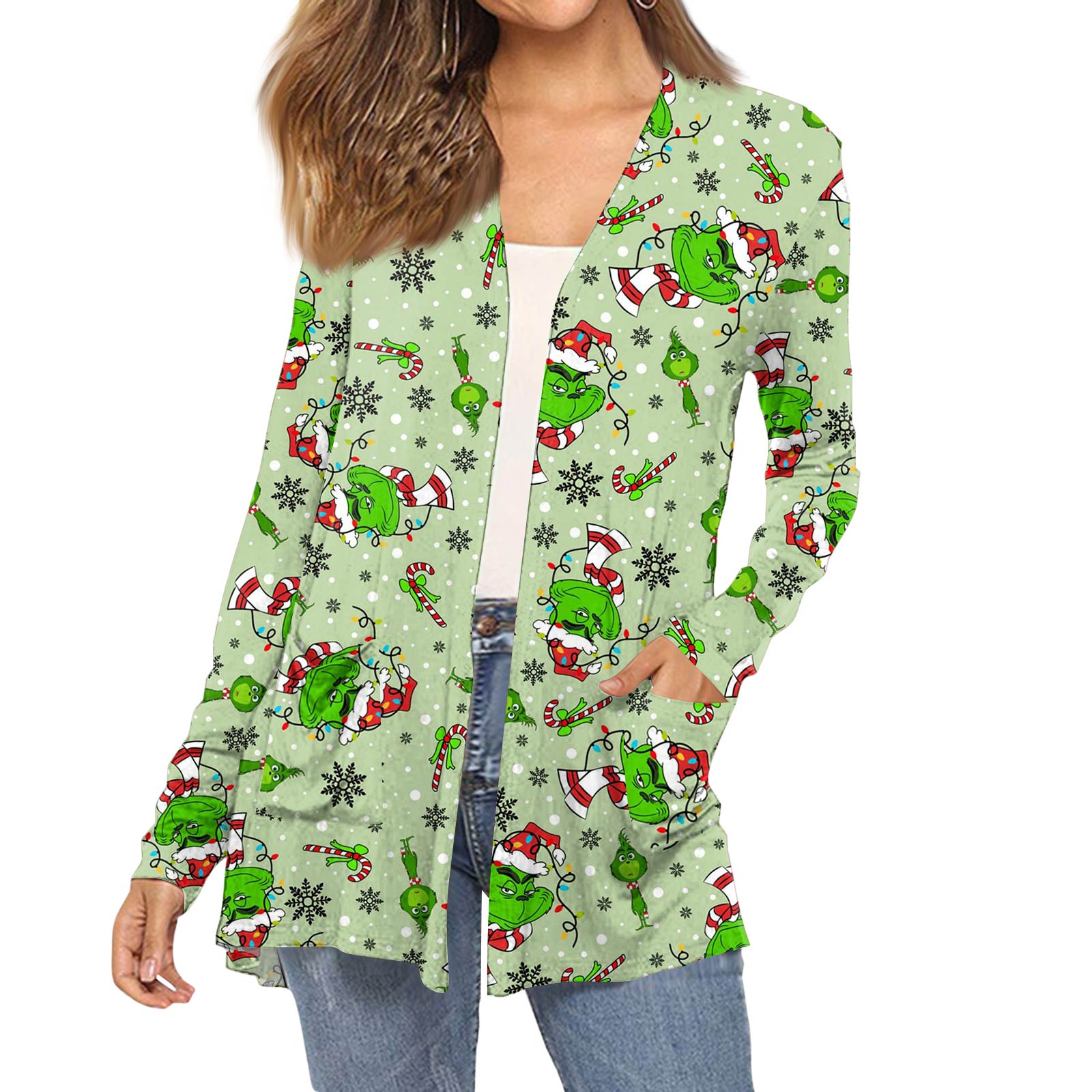 

Женский модный кардиган-пальто с длинным рукавом, карманами, приталенного силуэта и рождественским принтом S зелёный