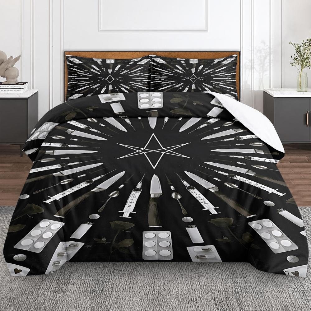 Dark Occult Knives Syringes Star 3 Piece Bedding Set, Gothic Art Duvet Cover Set for Men Spooky Bedroom Decor Gift