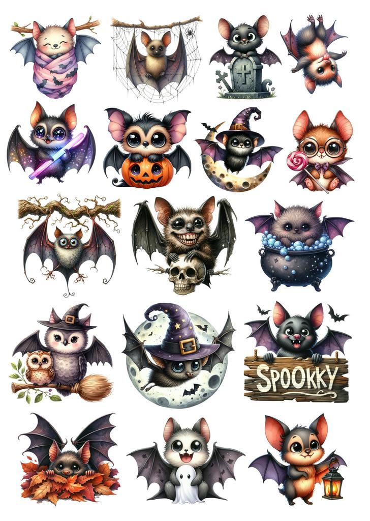17pcs Anime Watercolor Cute Cartoon Halloween Bat Paper Stickers, for Luggage, Notebook,Diary, Album Decoration, DIY Stationery