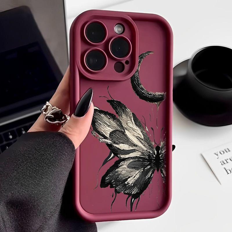 Fashion Moon Butterfly Pattern Case For iPhone 16 Pro Max 15 Plus 14 13 12 Pro 11 TPU Soft Matte Silicone Shockproof Lens Protection Phone Cover