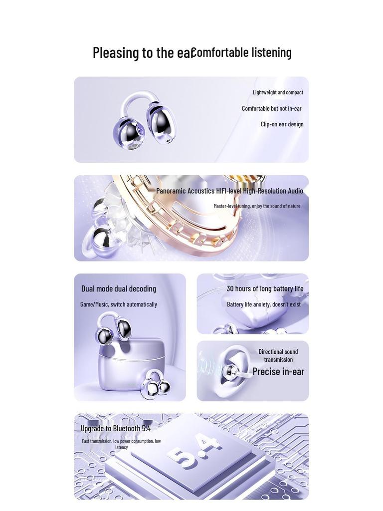 New Wireless Bluetooth Ear Clip Earphones: Ultra-Long Battery, Air Conduction, Sports, Noise-Canceling