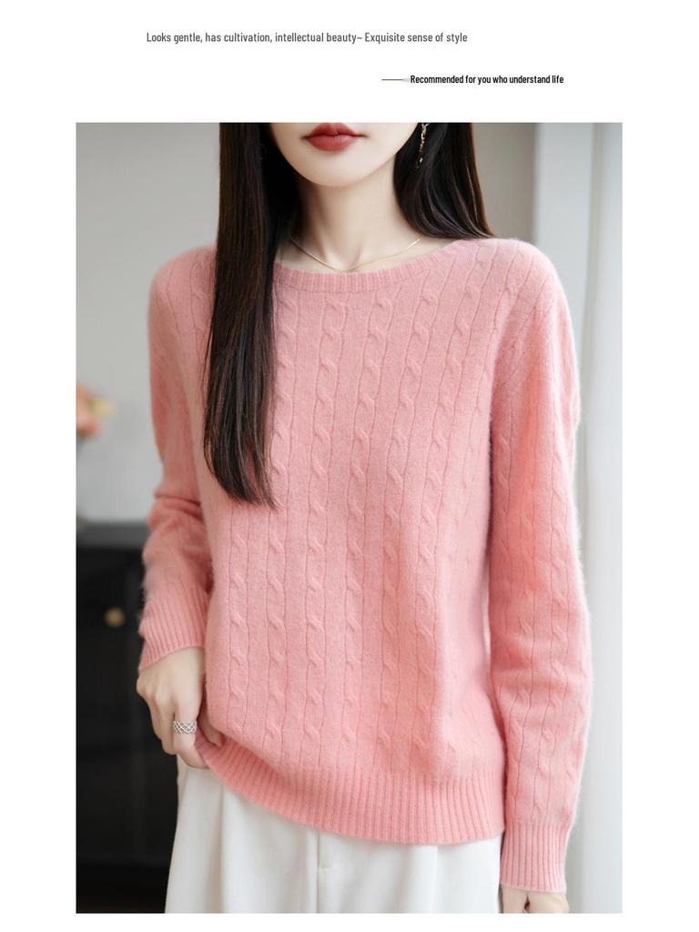 Damen Lässiger Locker Gestrickter Pullover mit Rundhalsausschnitt und Langen Ärmeln