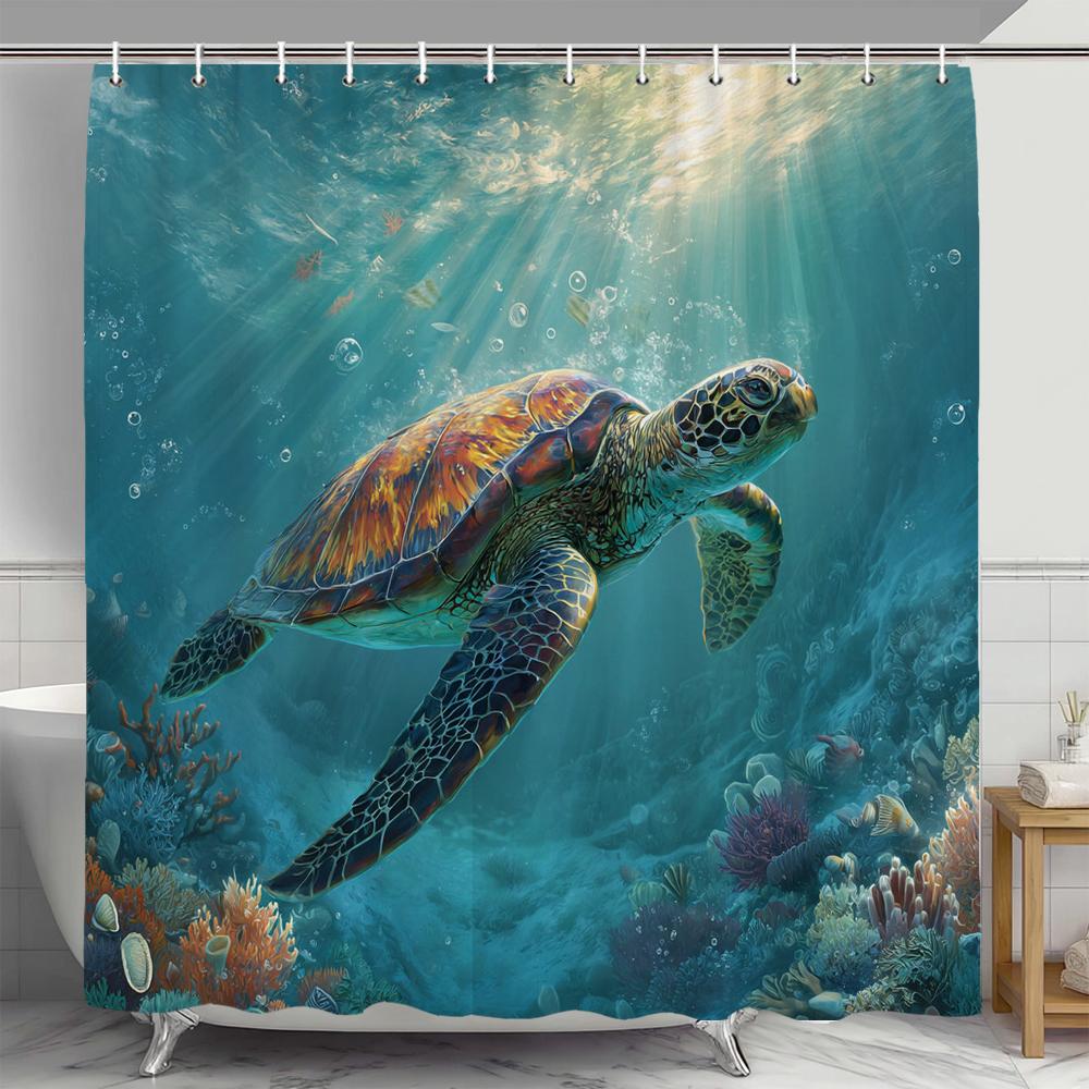Sea Turtle Shower Curtain, Blue Beach Coastal Sea Turtle Starfish Underwater Creatures Bathroom Decorative Shower Curtain