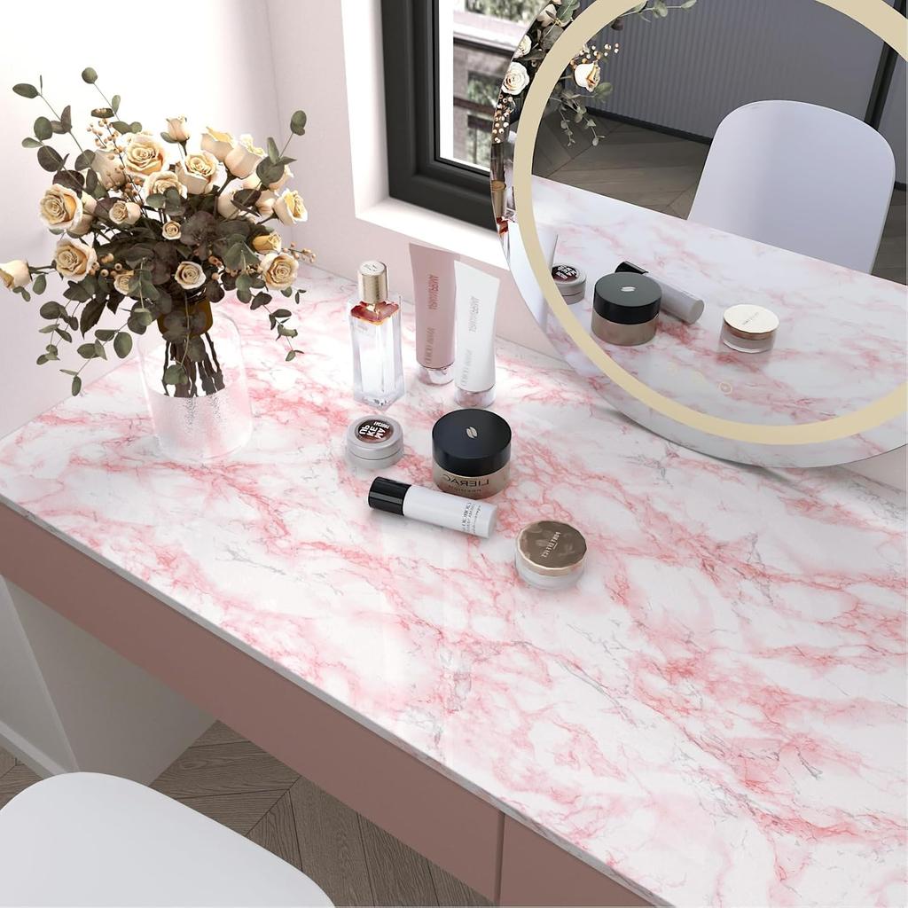 Glossy Pink Marble Contact Paper for Countertop Granite Wallpaper Self-Adhesive Removable Kitchen Waterproof Oil Proof Sticker