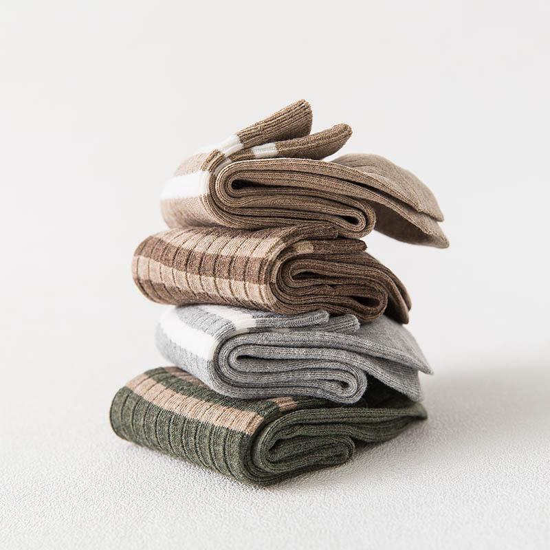 Men's Mid-calf Socks Spring and Autumn Two-bar Solid Color Cotton Socks Breathable Striped Men's Autumn and Winter Double-needle Long Calf Socks