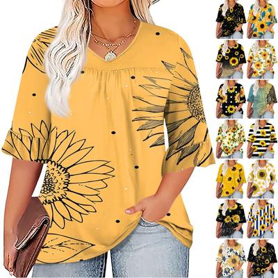 Women's Fashion Casual  Printed V-Neck Pleated Seven Minute Sleeve Ruffle Sleeve T-Shirt Plus Size Tops