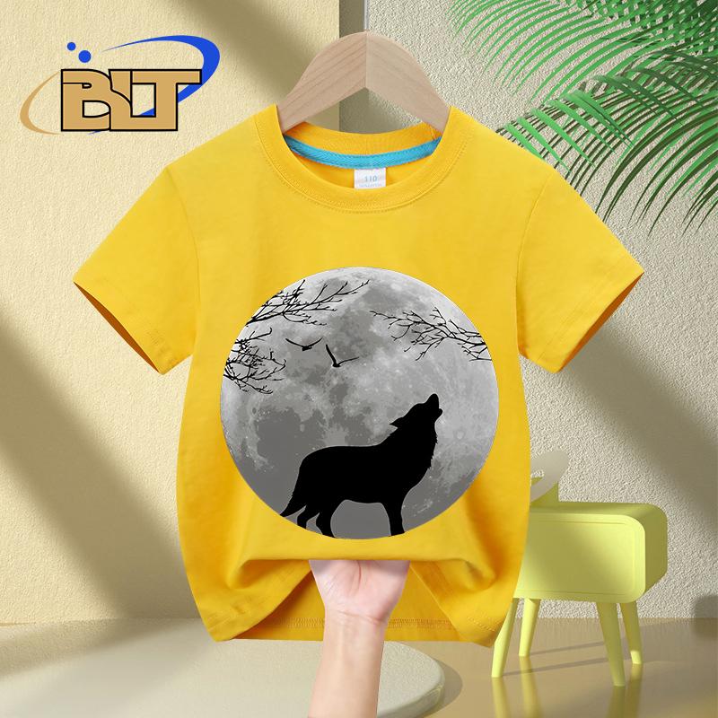 Howling Wolf printed kids Tshirt summer childrens pure cotton shortsleeved casual tops boys and girls gifts