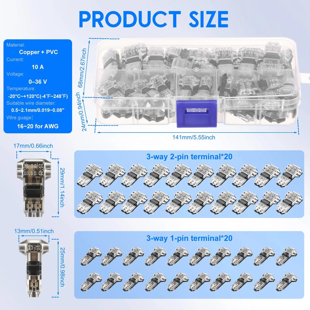 40Pcs T-Tap Wire Connectors Kit 16-20 AWG 3 Way 1 Pin & 2 Pin Electrical Wire Splice Connectors Waterproof Electrical Connector