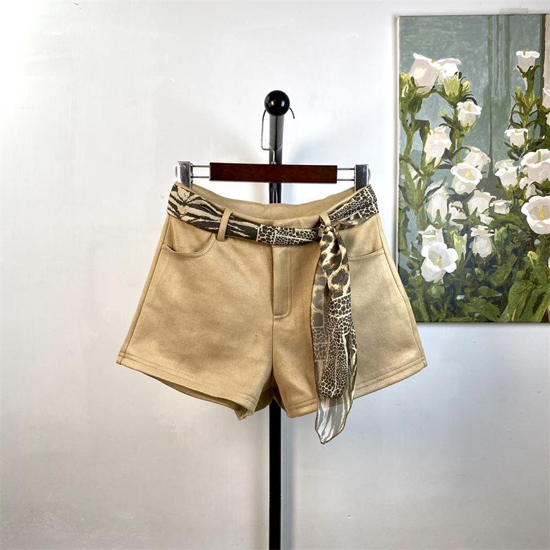 

Khaki Suede High Waist Chic Casual Straight Leg Pants for Women - Autumn/Winter Medium