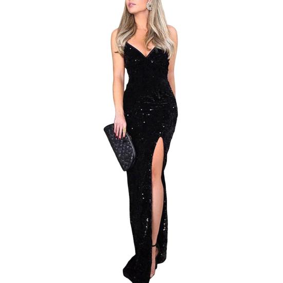 

Женское вечернее платье с блестками и глубоким V-образным вырезом, открытой спиной, без рукавов, регулируемый ремень-спагетти с высоким разрезом S чёрный