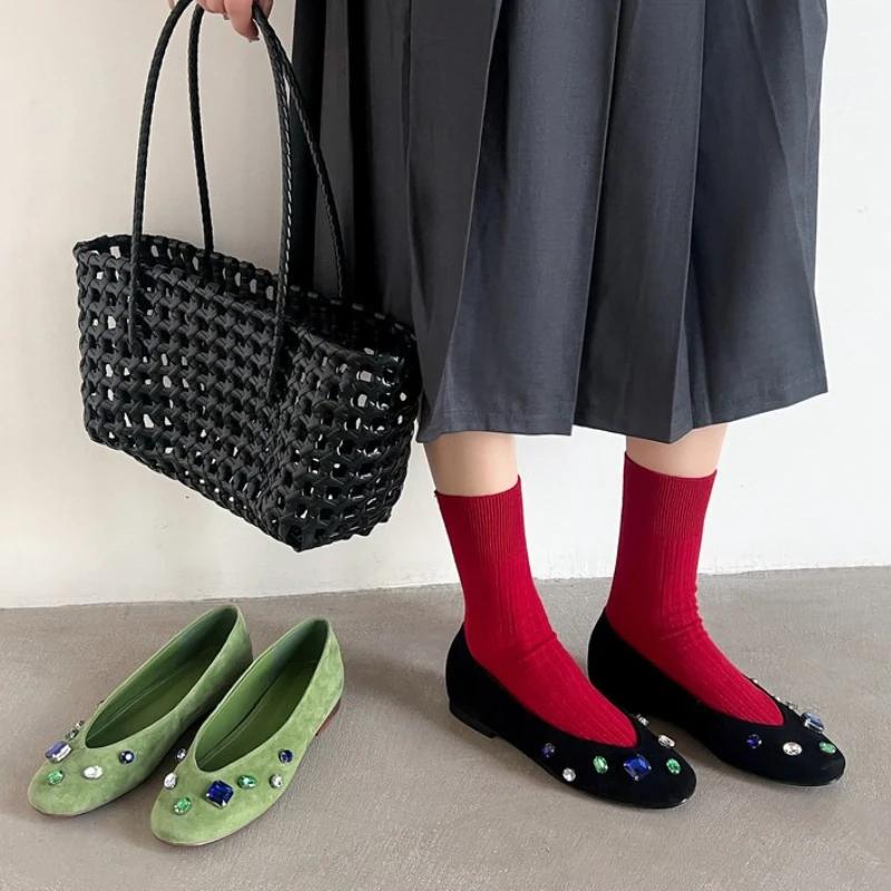 Fashion Luxury Colorful Gemstone Flats Women Comfortable Round Toe Shallow Suede Loafers for Ladies Elegant Brand Designer Casual Shoes