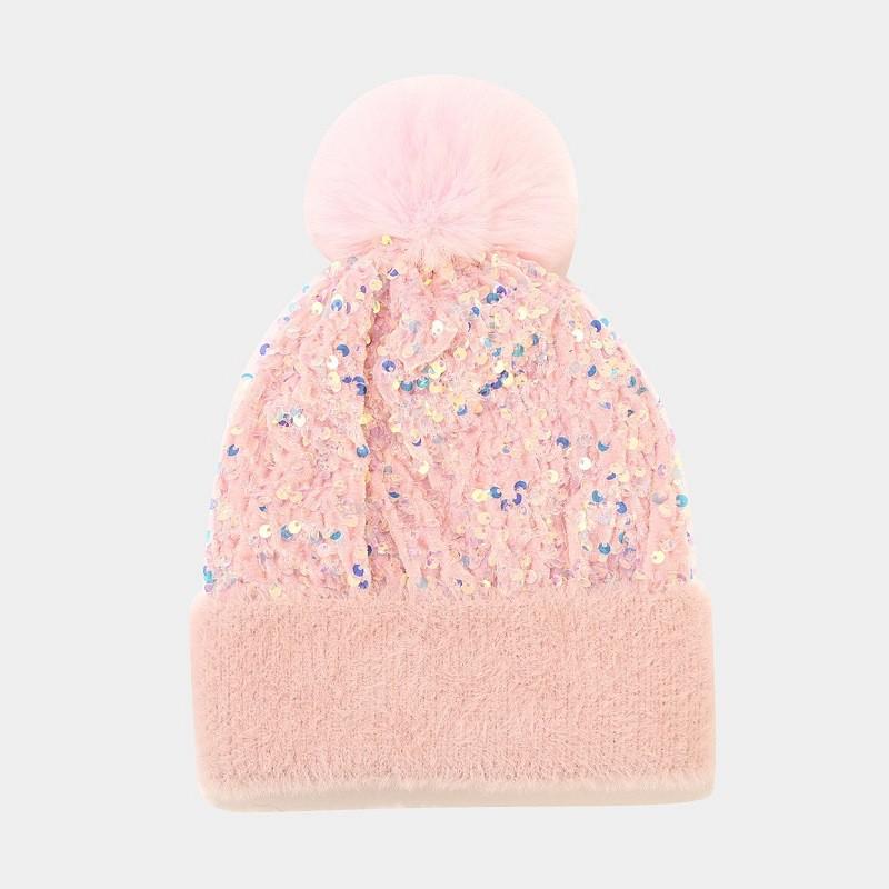 Womens Autumn Winter Round Top Knit Hat With Removable Pom For Windproof Warmth Light Pink