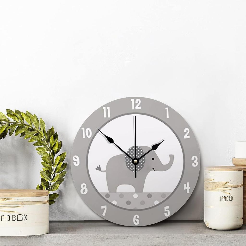 ArogGeld Gray and White Elephant Wall Clock Nursery Wood Clock 10 Inch Silent Non-Ticking Wooden Wall Clocks Battery Operated Living Room Bedroom