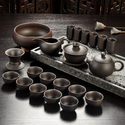 Klassisches Yixing-Teeservice mit violettem Sand, schwarze/rote Keramik-Kung-Fu-Teekanne, handgefertigte Teetasse, Gaiwan, Terrine, Teezeremonie (Steintisch nicht im Lieferumfang enthalten)