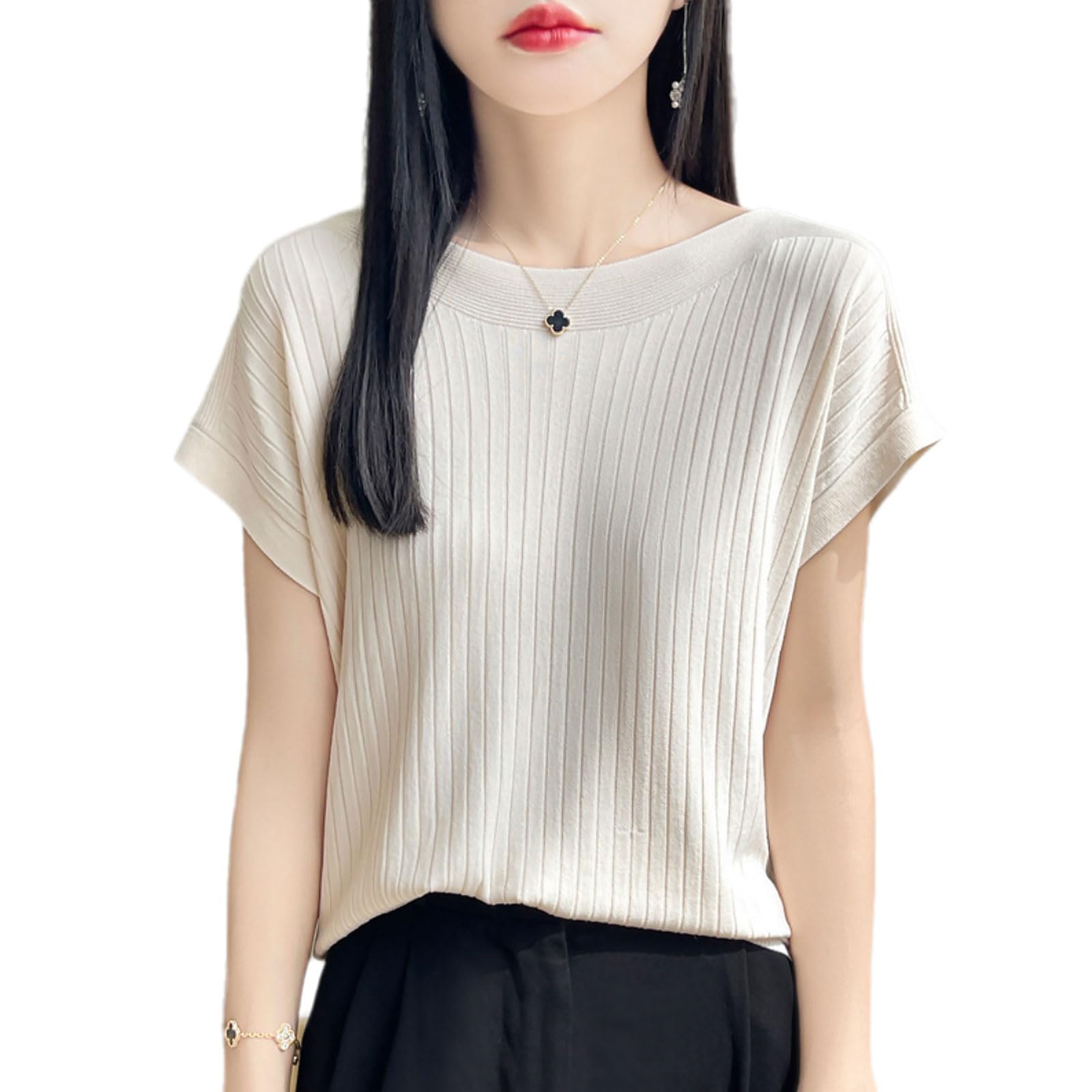 

[Cd&e] Женский летний свитер с коротким рукавом и круглым вырезом, стильная вязка, однотонный дизайн, размер L бежевый