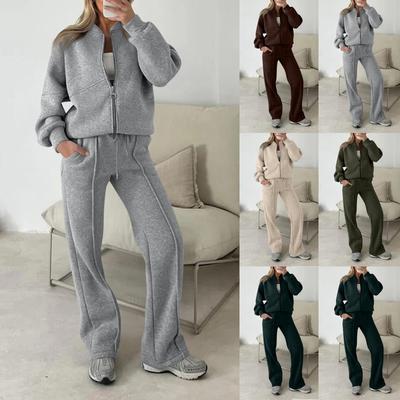 Moda Feminina Conjunto Casual de Duas Peças Cor Sólida Moletom de Manga Comprida e Zíper Calças
