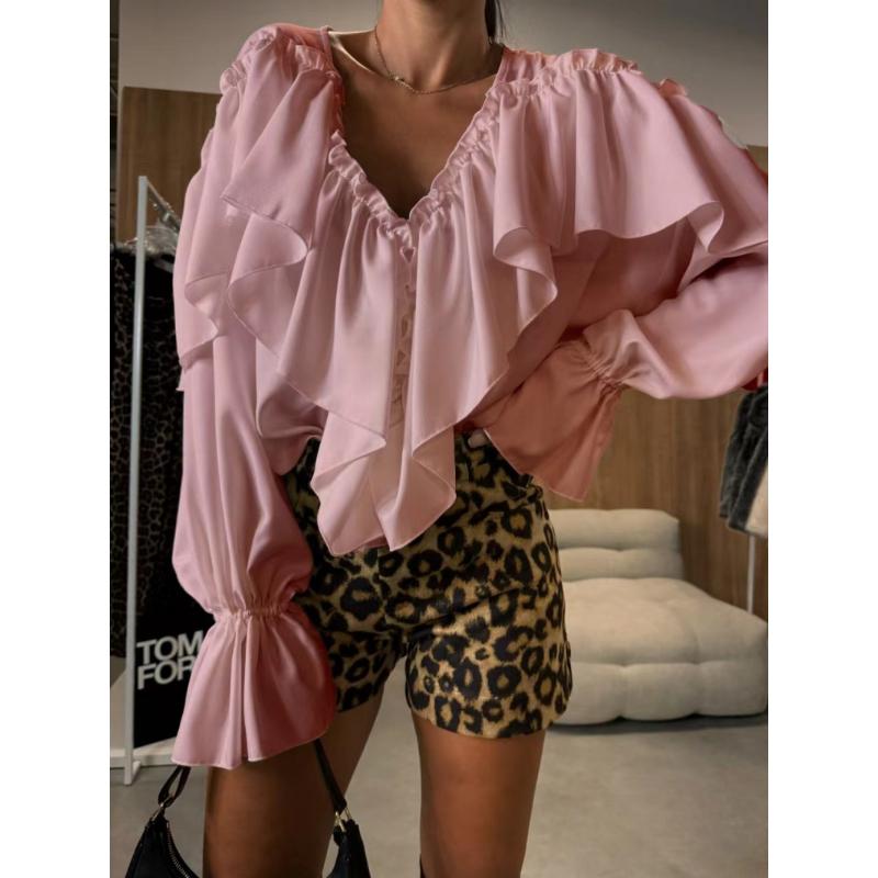 Automne Sens du Design Col en V Manches Longues Couleur Unie Haut de Chemise Polyvalent pour Femmes