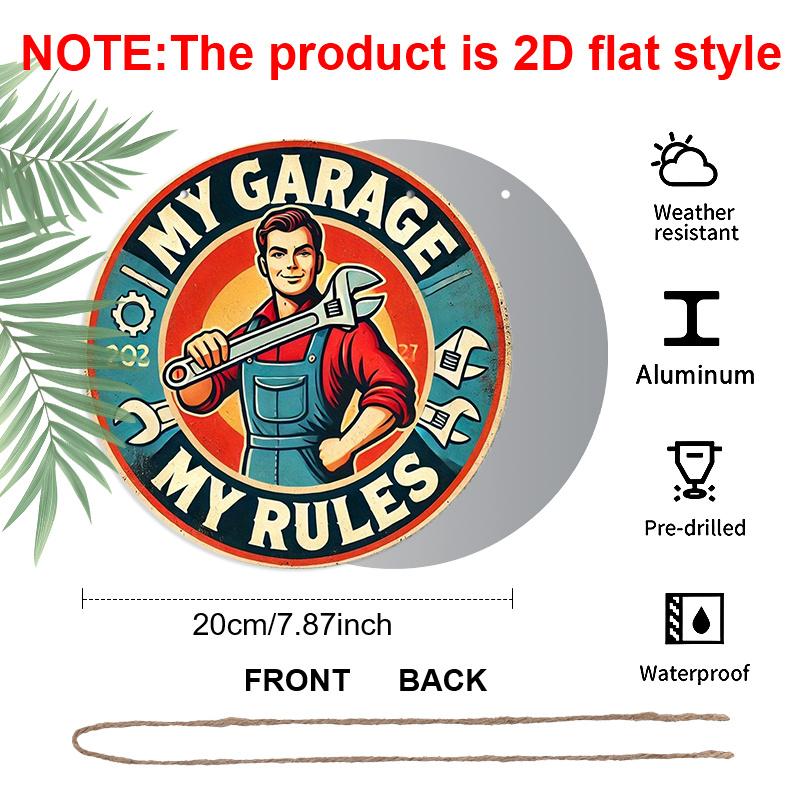 Retro My Garage My Rules Round Metal Signs 7.87x7.87Inch Aluminium Painting for Garage Wall Decor 1pc
