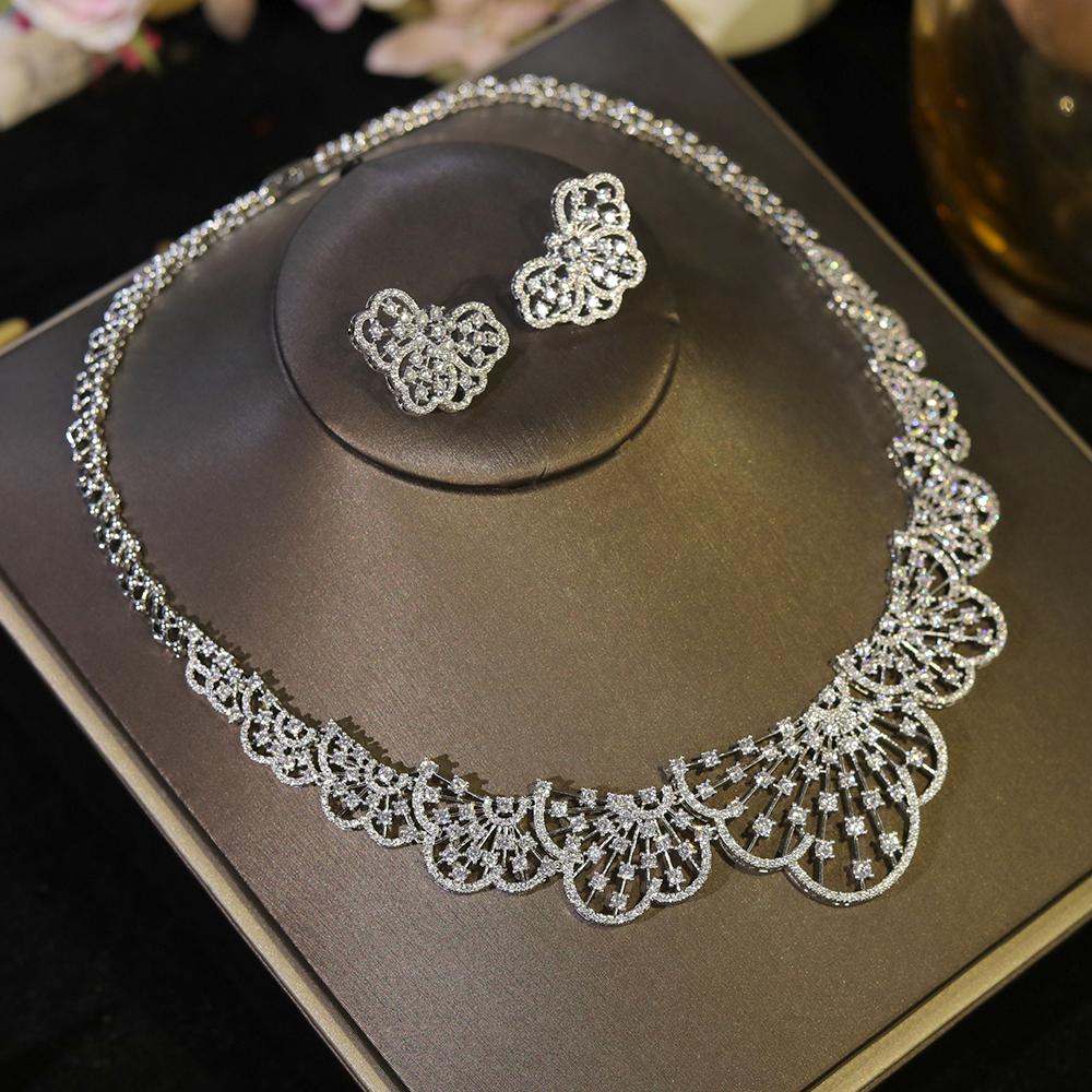 Graceful 2Pcs White CZ Zircon Necklace Set Brides High Quality Fine Jewelry Women  Wedding Engagement Accessory
