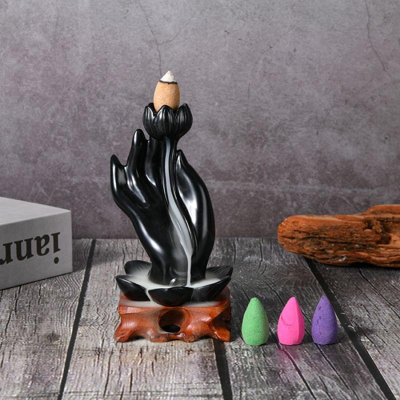 Buddha Hand Lotus Rückfluss Räuchergefäß, Wasserfall Räuchergefäß, Rückfluss Räuchergefäß handgefertigt Harz Wasserfall Räucherhalter