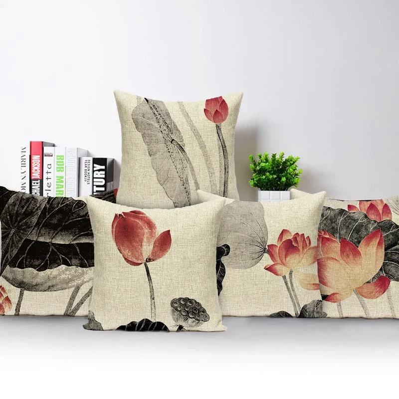 Chinese Style Lotus Ink Painting Cushion Cover Polyester Pillow Cover Office Car Sofa Throw Pillowcase Home Decorative
