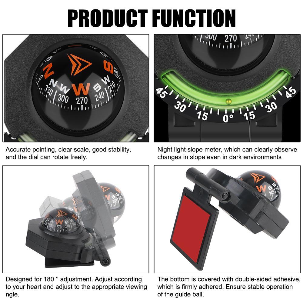 Compass for Vehicle Boat Car Dashboard Compass With Slope Meter 2-In-1 Car Mount Compass Ball Foldable High Precision Navigation