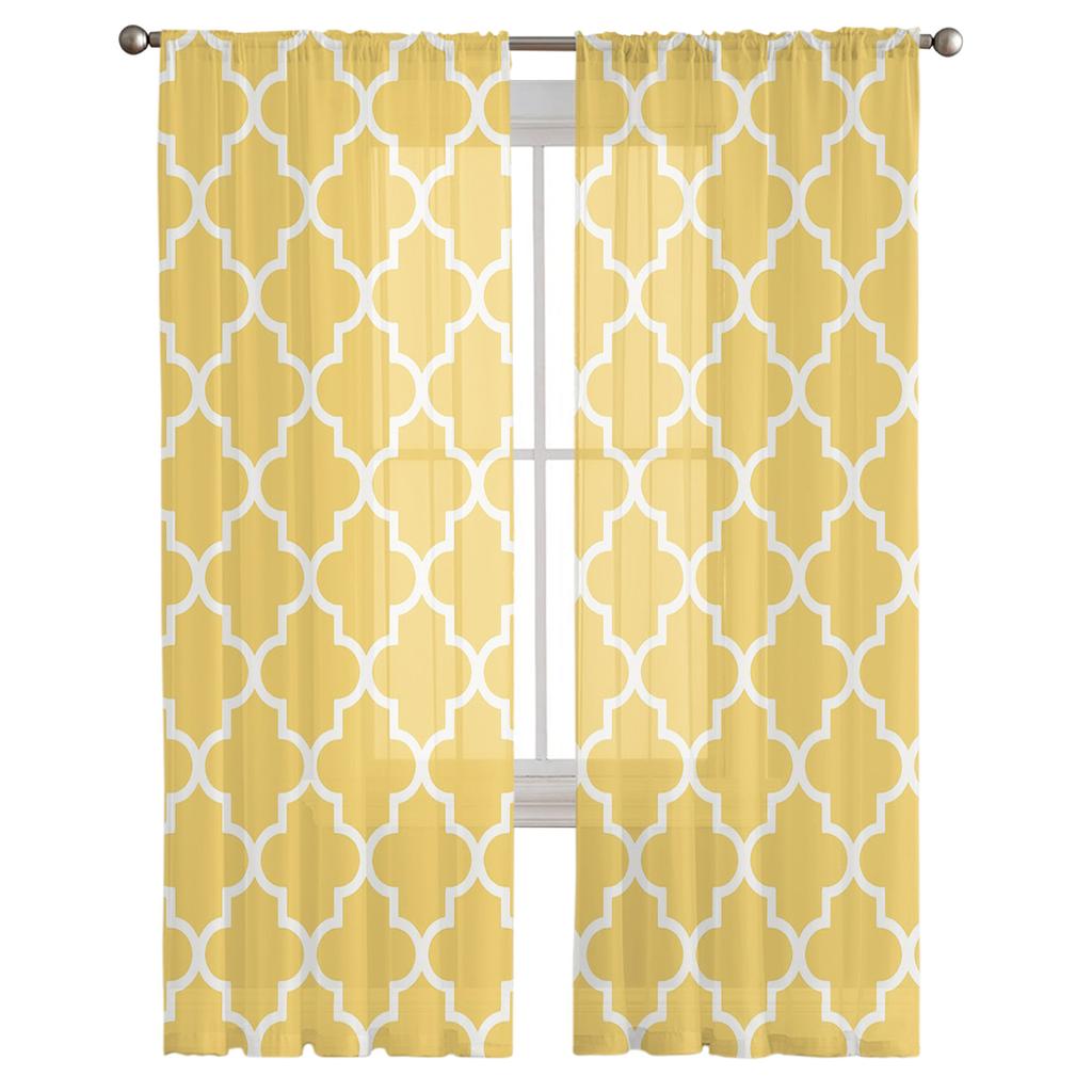 Geometric Yellow White Curtain Window Tulle For Living Room Bedroom The Kitchen Window Treatment Decorations Curtains