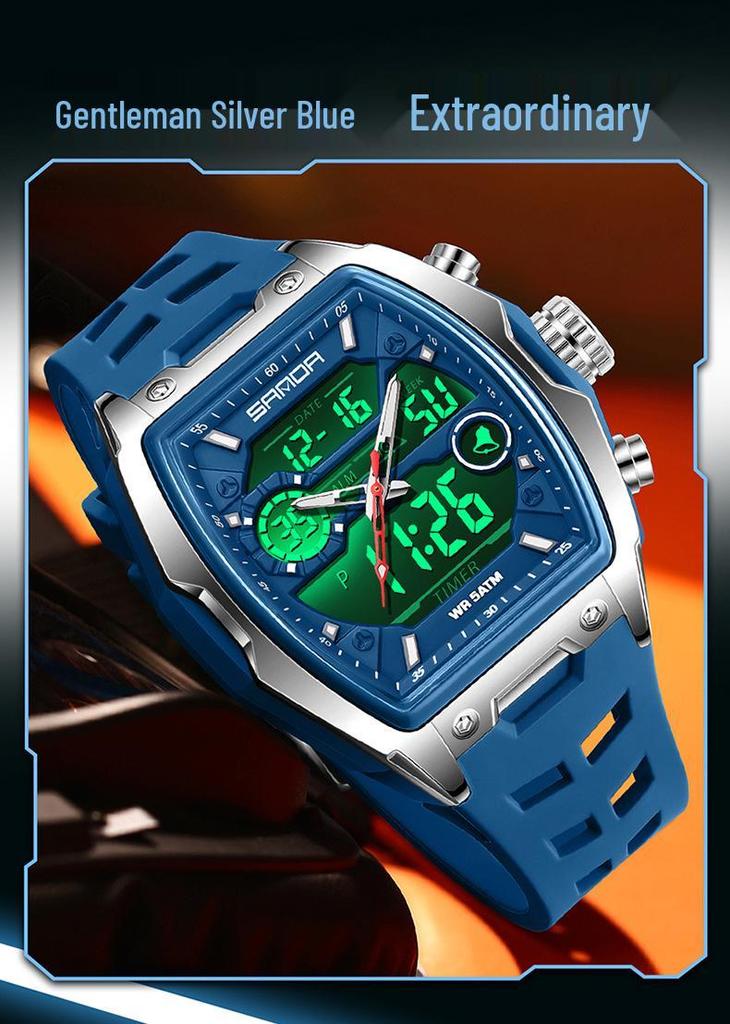 Sanda Dual-Movement Barrel Watch: Luminous Alarm, Large Dial, Multifunctional Student Watch.