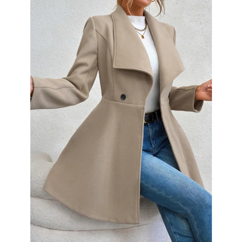 Autumn Winter Women's Notched Lapel Wool Coat, Double-Breasted Trench Style Overcoat with Solid Color Design, Elegant Outerwear for Office & Commute