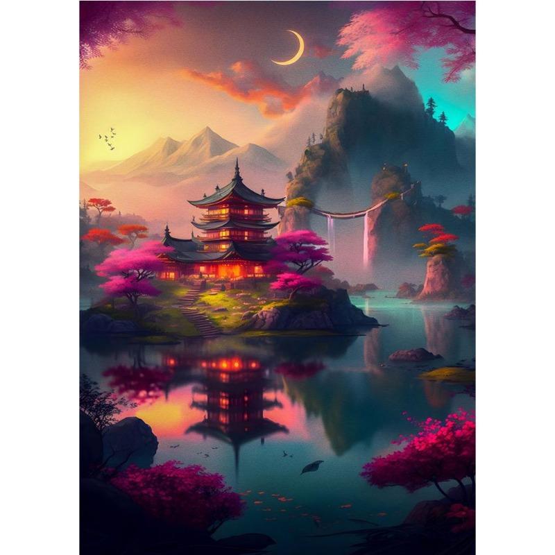 Japanese cherry color koi, fish, moonlake, magic art poster, canvas, painting, Japanese landscape, wall art for living room, home decor