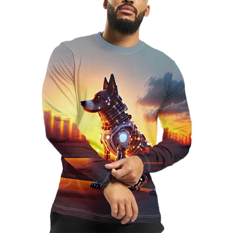 Spring and Autumn Round Neck Cute Animal Pattern 3D Printed Top Fashionable Casual Long Sleeved Men's T-shirts