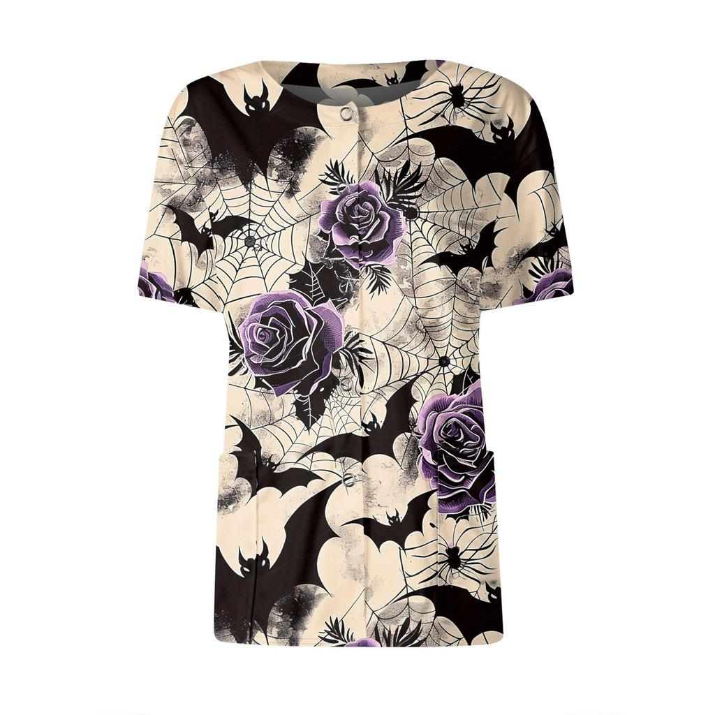 Women's Short Sleeved Patterned Pockets, Work Print Stand Up Collar, Single Breasted Protective Clothing, Cardigan Jacket, Top