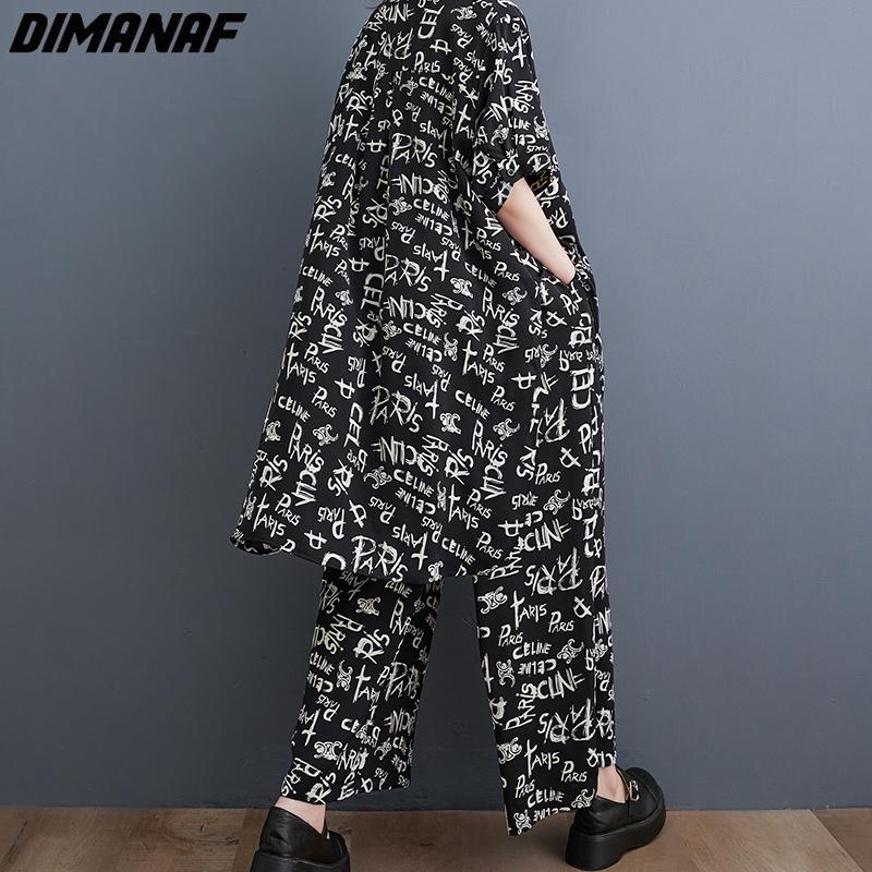 DIMANAF 2023 Plus Size Two Piece Set Suit Women Vinatge Print  Tops Pants Letter Female Suit Summer Wide Leg Pants