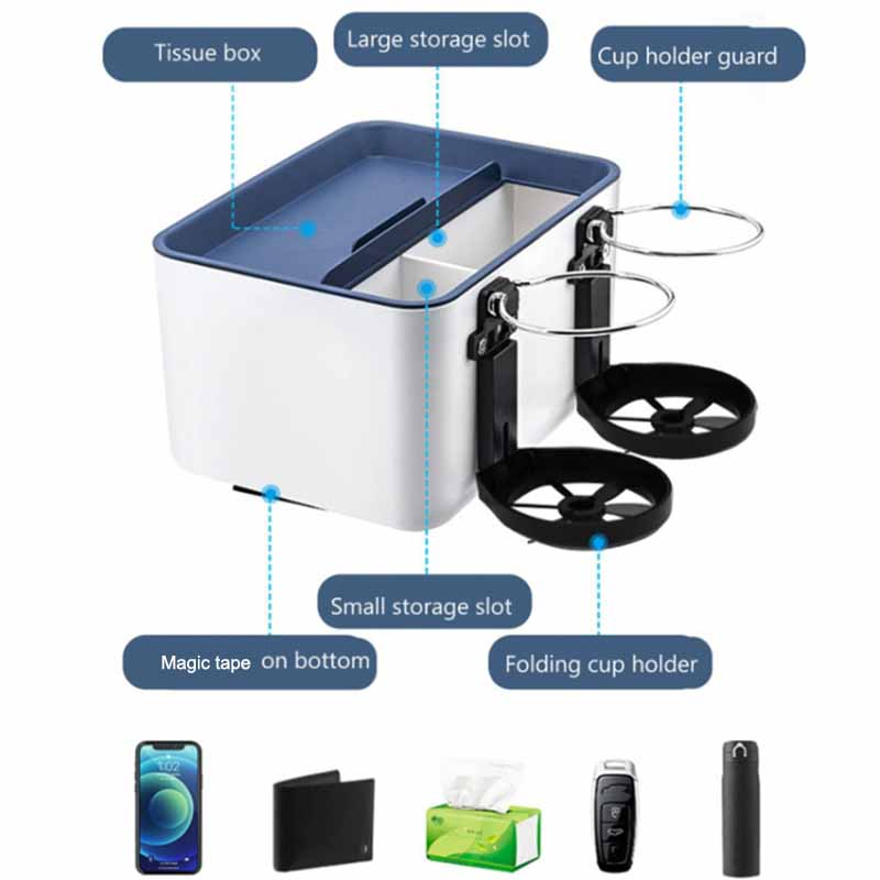 

Car Armrest Storage Box ABS Tissue Case Organizer with Foldable Cup Holder Blue+White