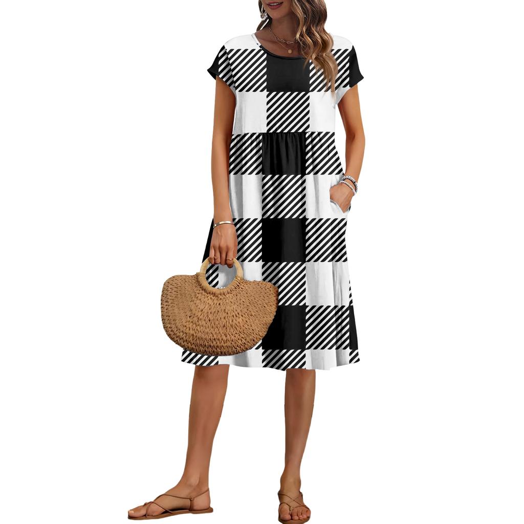 Women's Summer Fashion Casual Round Neck Short Sleeve Plaid Print Dress