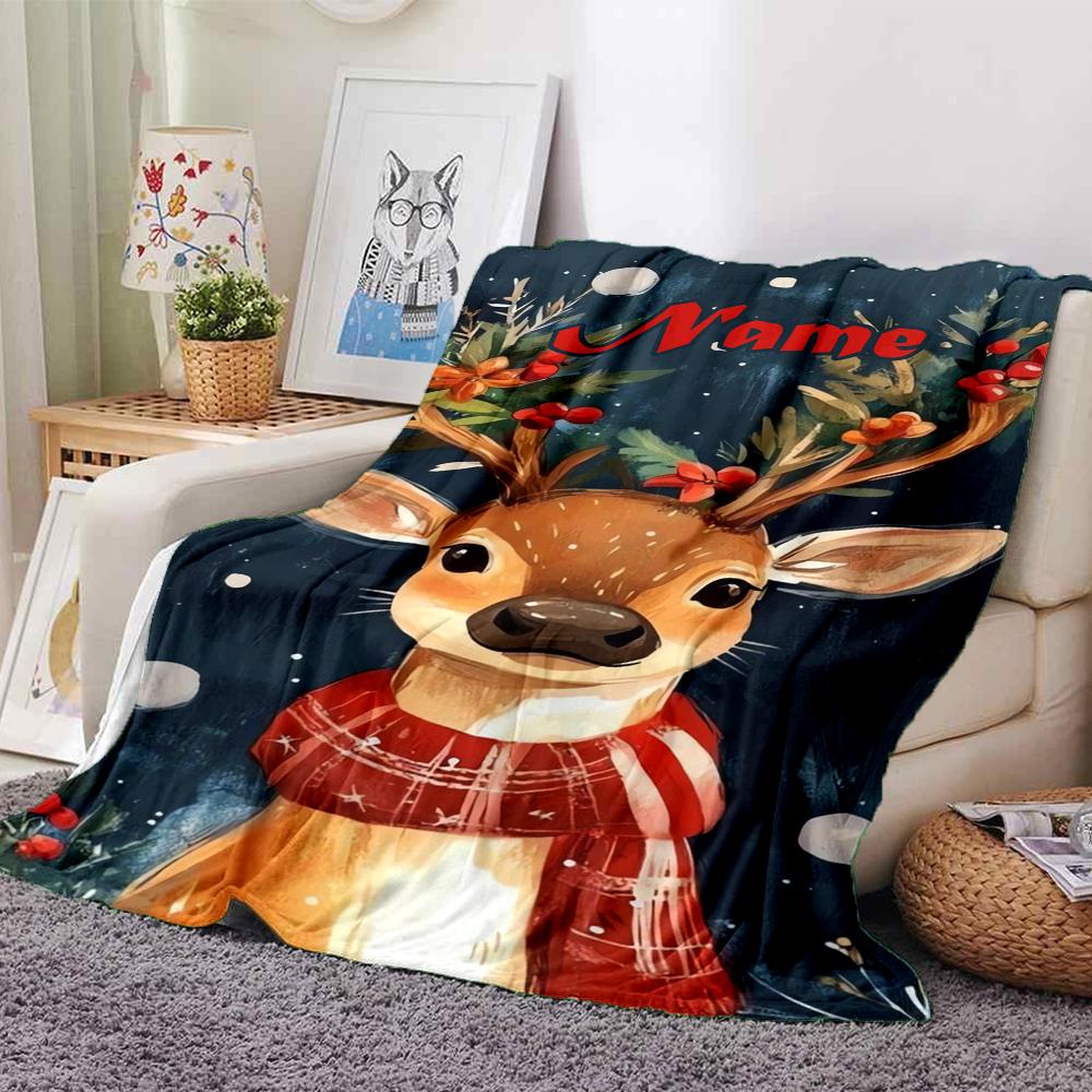 Custom Name Christmas reindeer Theme Printed Blanket - Perfect for Couch, Bed, Travel & Outdoor Use | Machine Washable, Cozy & Durable.