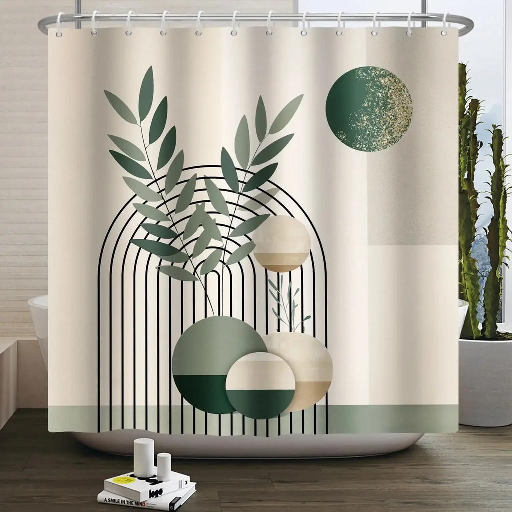 Mid Century Abstrakt Boho Duschvorhang Grünes Blatt Pflanze Modern Bogen Sonne Minimalistisch Nordisch Wasserdicht Badezimmer Badvorhang
