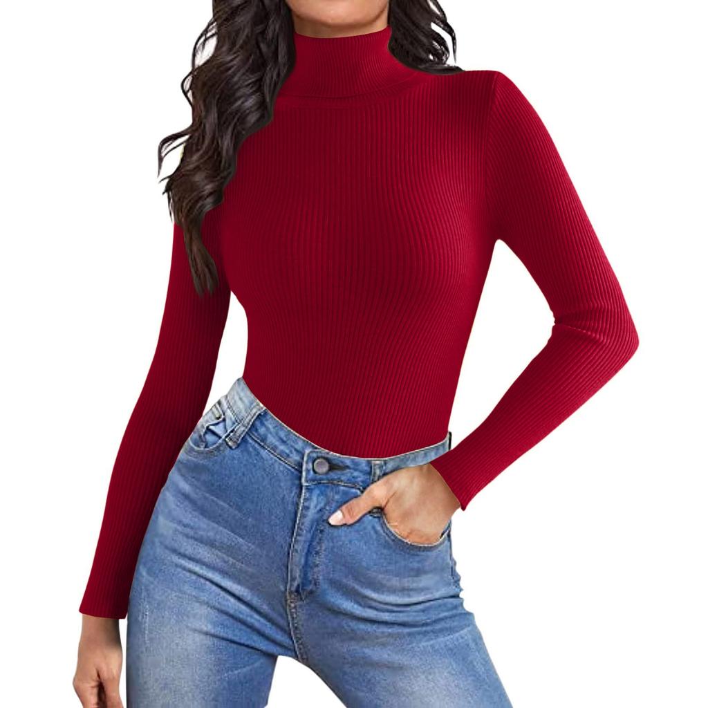Women's Fashion High Neck Slim T-Shirt Long Sleeve Pullover Solid Colour Top