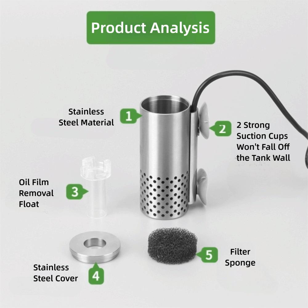 Edelstahl Aquarium Oberflächenölskimmer Selbstansaugender Fischtankfilter Ölfilmbearbeiter