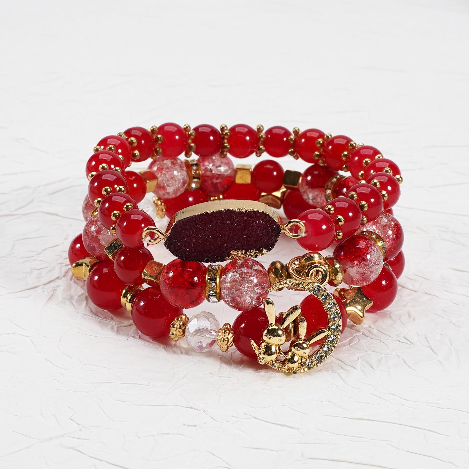 Богемный многослойный эластичный набор браслетов с горным хрусталем, кроликом и флюоритом для девочек красный