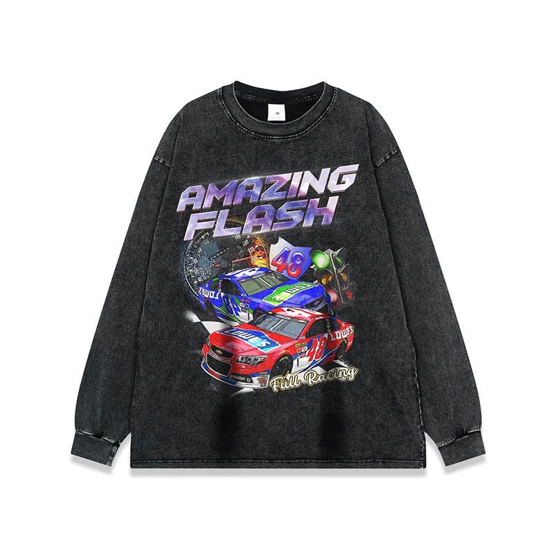 Vintage Washed Loose Fit Cotton T-Shirt With Racing Print Unisex Streetwear Crew Neck Short Sleeve