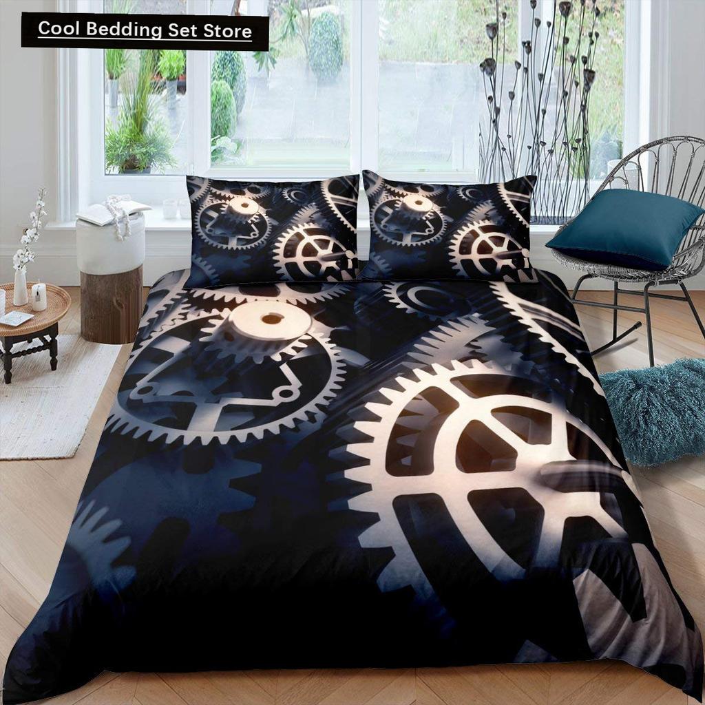 Golden Industrial Gear King Full Duvet Cover Steampunk Style Bedding Set Mechanical Device Quilt Cover Polyester Comforter Cover