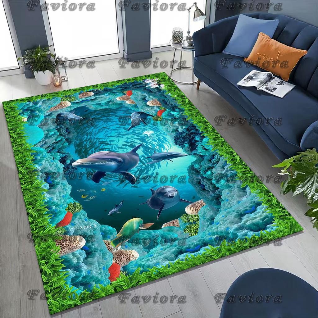 27 Style 3D Illusion Sea Underwater World Dolphin Rug for Bedroom Living Room Sofa Home Doormat Decor, Kids Non-slip Floor Mat
