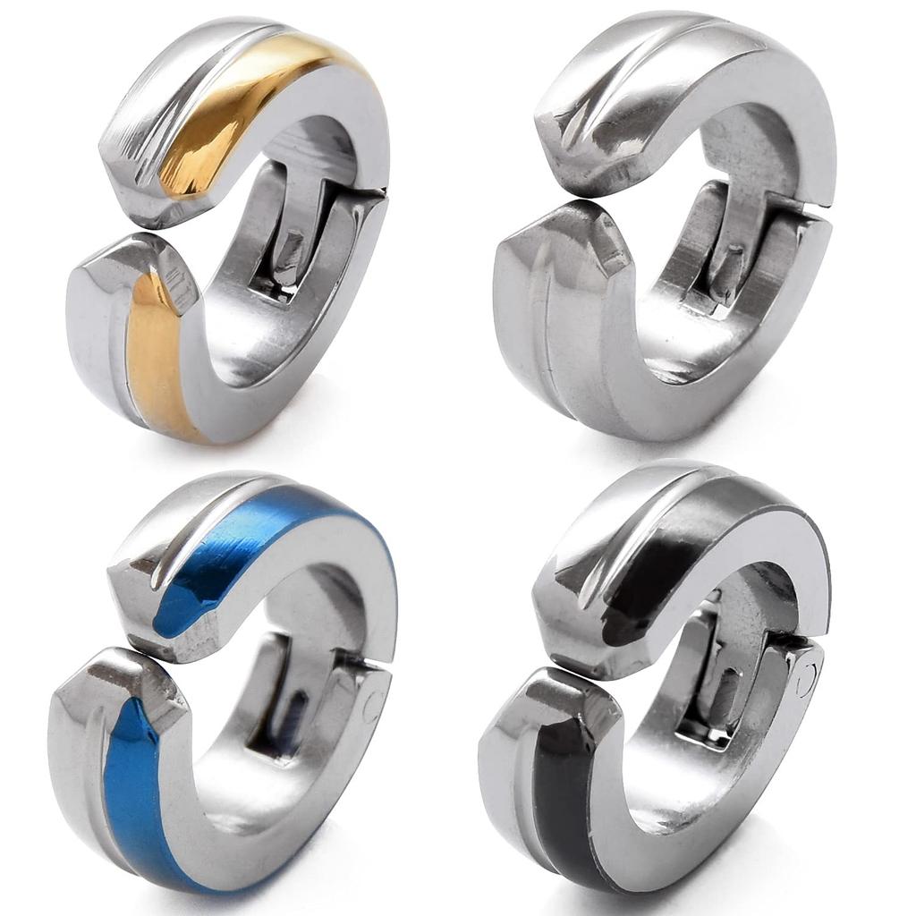 SEIYA INTERNATIONAL Men's Fake Earrings, Ear Cuffs, Hoop Earrings, Non-Pierced Earrings, Simple Stainless Steel, Single Ear, Set of 4 (Center Line)