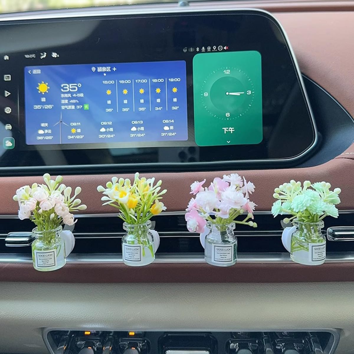 Set Of 4 Cute Flower Bouquet In Glass Vase Car Air Freshener Vent Clips, Mini Artificial Flowers For Car Air Vent Decoration, Auto Interior Dash