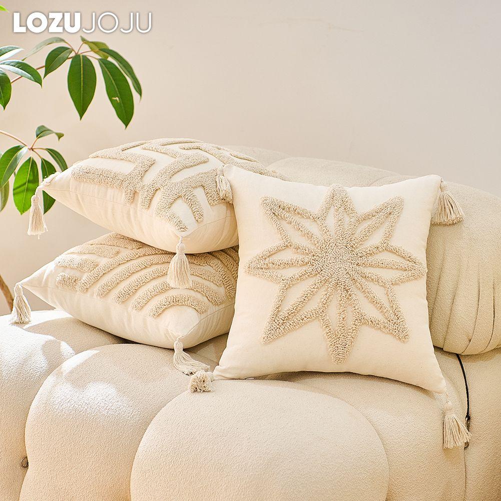 1PC LOZUJOJU Beige Soft Cushion Cover Bohemian Tassel Style Tufted Embroidered Pillowcase for Sofa Living Room Bedroom Home Decor